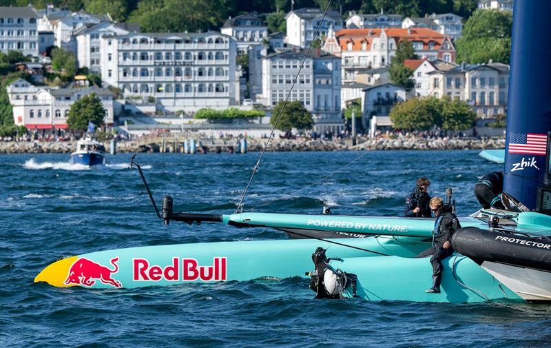 USA after their collision with Great Britain - Day 1 - Sail GP Germany - August 16, 2025 - photo © Ricardo Pinto/SailGP