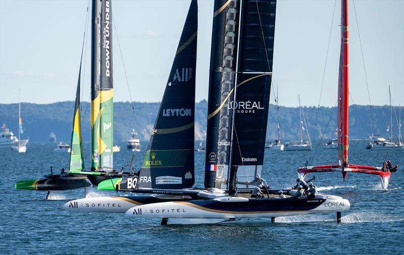 France SailGP Team helmed by Quentin Delapierre leads BONDS Flying Roos SailGP Team helmed by Tom Slingsby and Emirates Great Britain SailGP Team helmed by Dylan Fletcher in the final on Race Day 2 of the Germany Sail Grand Prix in Sassnitz, Germany - photo © Andrew Baker for SailGP