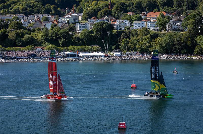 BONDS Flying Roos SailGP Team helmed by Tom Slingsby crosses the line to finish 2nd, closely followed by Emirates Great Britain SailGP Team helmed by Dylan Fletcher on Race Day 2 of the Germany Sail Grand Prix in Sassnitz, Germany - photo © Jonathan Nackstrand for SailGP