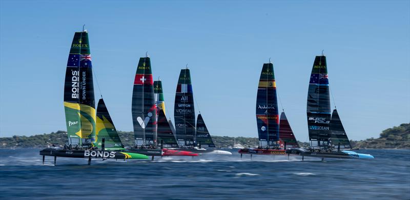 BONDS Flying Roos SailGP Team helmed by Tom Slingsby trail New Zealand SailGP Team helmed by Peter Burling on Race Day 1 of the ROCKWOOL France Sail Grand Prix held in Saint Tropez - photo © Jonathan Nackstrand for SailGP