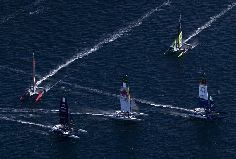Germany SailGP Team presented by Deutsche Bank, Red Bull Italy SailGP Team helmed by Ruggero Tita and France SailGP Team helmed by Quentin Delapierre lead the fleet on Race Day 1 of the ROCKWOOL France Sail Grand Prix held in Saint Tropez - photo © Jason Ludlow for SailGP