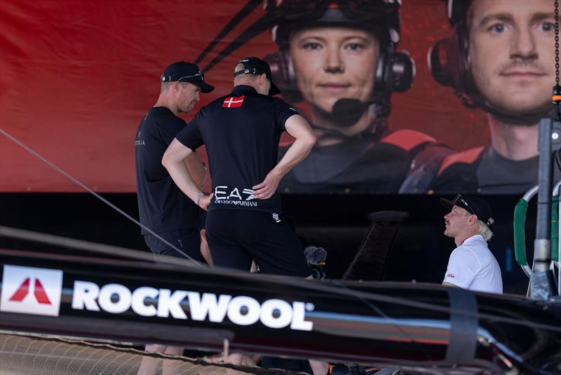 Valteri Bottas, Finnish Formula 1 driver with Tom Slingsby, driver of BONDS Flying Roos SailGP Team, and Nicolai Sehested, driver of ROCKWOOL Denmark SailGP Team, in the technical area ahead of the ROCKWOOL France Sail Grand Prix  - photo © Felix Diemer for SailGP