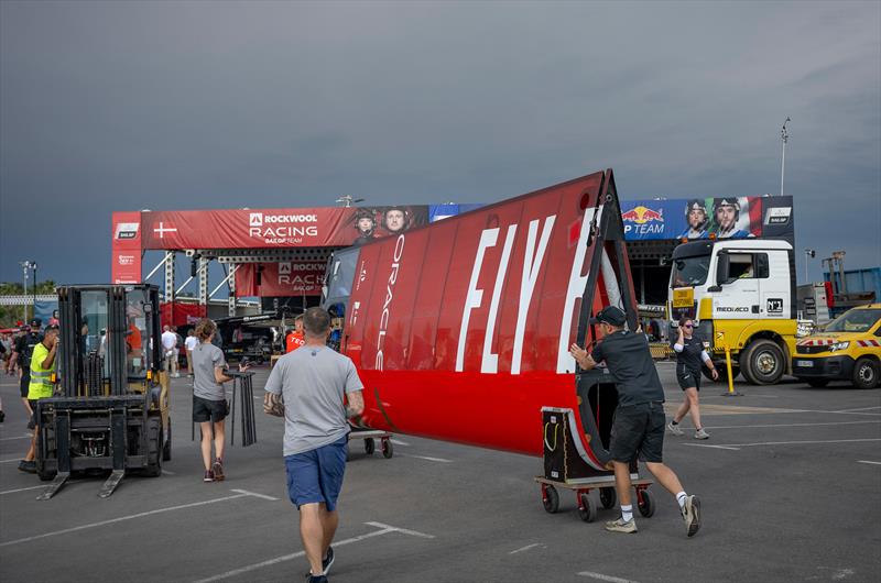 Members of the technical team start the breakdown in the technical area after racing cancelled for Day 2 - Rockwool France SailGP - September 13, 2025 - Saint-Tropez - photo © Jonathan Nackstrand/SailGP