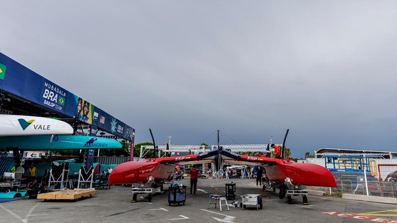 Members of the technical team start the breakdown in the technical area after racing cancelled for Day 2 - Rockwool France SailGP - September 13, 2025 - Saint-Tropez - photo © Jonathan Nackstrand/SailGP