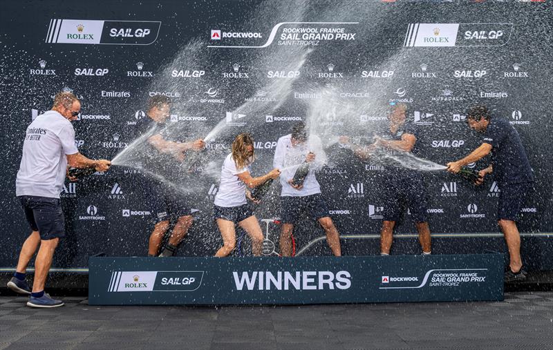 Emirates Great Britain SailGP Team helmed by Dylan Fletcher celebrate with Barons De Rothschild Champagne as they are announced as winners after racing on the second day is cancelled due to storm warnings at the ROCKWOOL France Sail Grand Prix - photo © Felix Diemer for SailGP