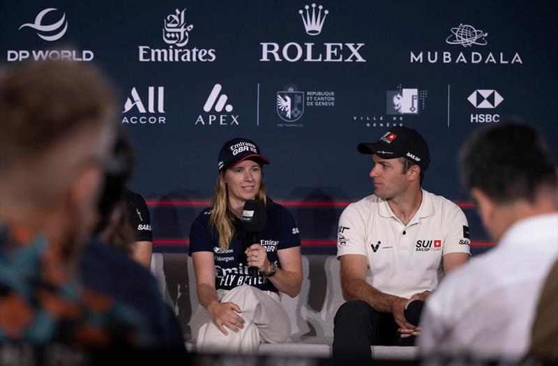 Hannah Mills, strategist of Emirates Great Britain SailGP Team, speaks at a pre-event press conference ahead of the Rolex Switzerland Sail Grand Prix photo copyright Jason Ludlow for SailGP taken at Société Nautique de Genève and featuring the F50 class
