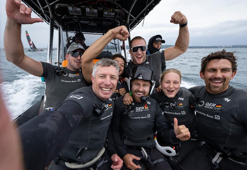 Germany SailGP Team presented by Deutsche Bank celebrate as they make their way back to shore in the team support boat after winning the event final on Race Day 2 - photo © Ricardo Pinto for SailGP