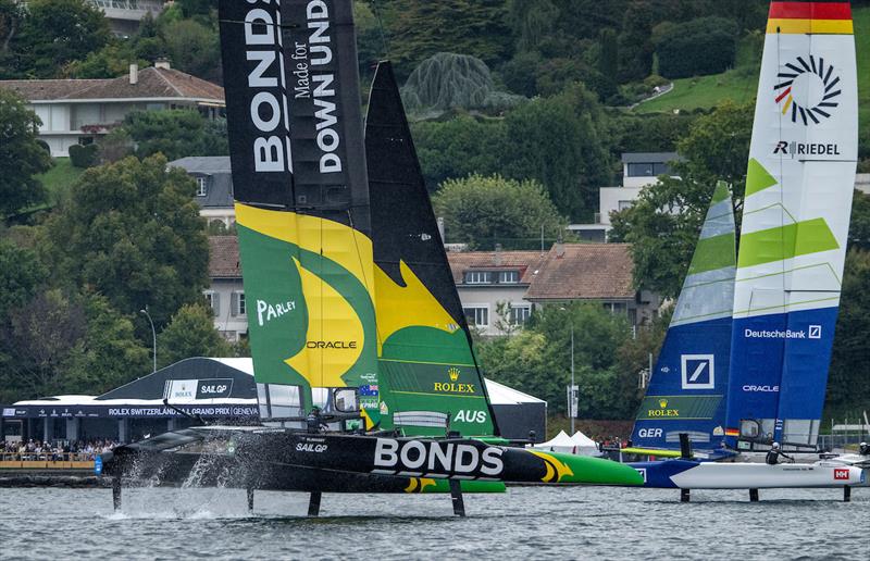 BONDS Flying Roos SailGP Team helmed by Tom Slingsby and Germany SailGP Team presented by Deutsche Bank helmed by Erik Heil in action on Race Day 2 in Geneva photo copyright Ricardo Pinto for SailGP taken at Lake Geneva Yacht Club and featuring the F50 class