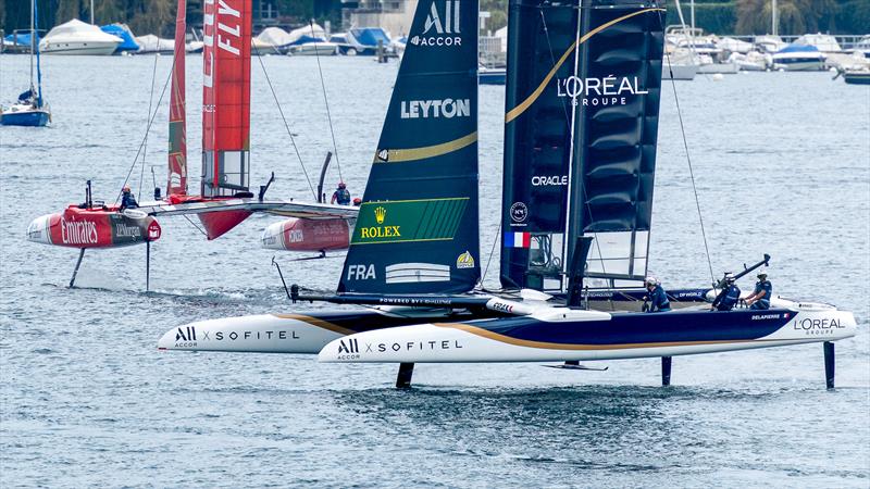 France and Great Britain SailGP teams foil with the new light air rudder foils - Rolex SailGP Geneva - September 21, 2025 - photo © Samo Vidic/SailGP