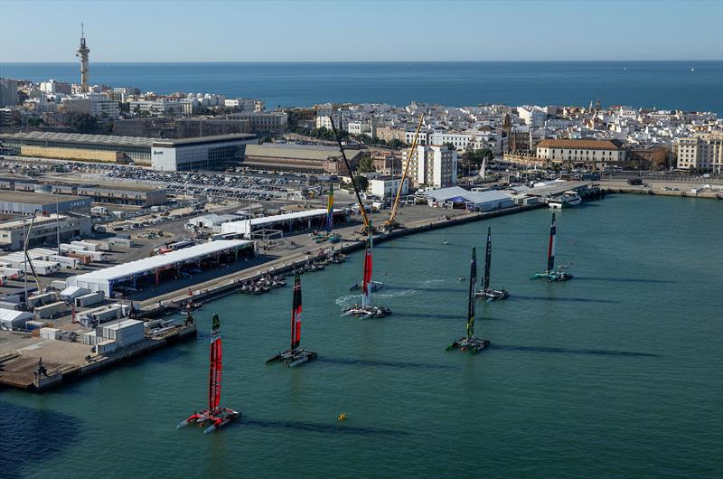 The F50 race boats being craned into the water for official practice racing on Friday at the DP World Spain Sail Grand Prix in Cadiz - photo © Samo Vidic for SailGP