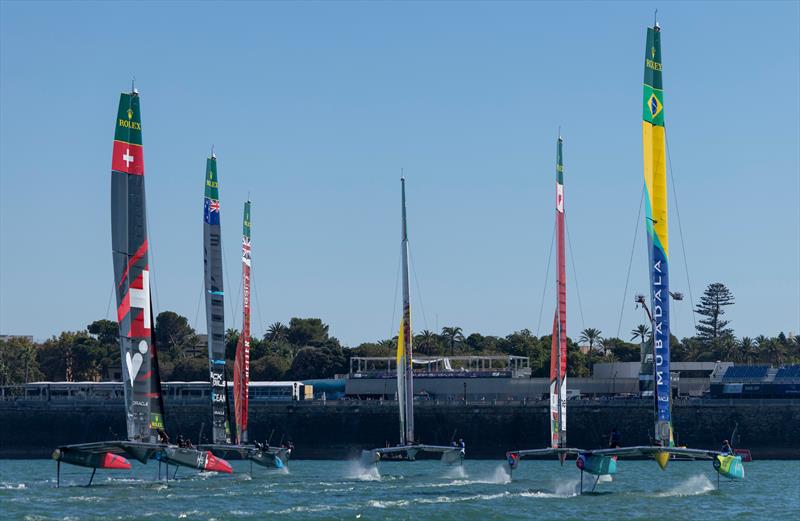 Emirates Great Britain SailGP Team ahead of Red Bull Italy SailGP Team, Canada NorthStar SailGP Team, New Zealand SailGP Team, Mubadala Brazil SailGP Team and Switzerland SailGP Team during practice ahead of the DP World Spain Sail Grand Prix - photo © Felix Diemer for SailGP