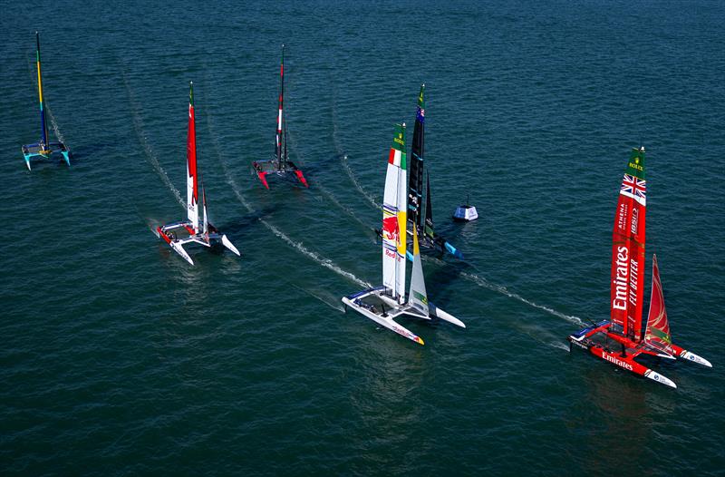 Emirates Great Britain SailGP Team leads Red Bull Italy SailGP Team, New Zealand SailGP Team, Canada NorthStar SailGP Team, Switzerland SailGP Team and Mubadala Brazil SailGP Team during a practice session ahead of the DP World Spain Sail Grand Prix - photo © Samo Vidic for SailGP