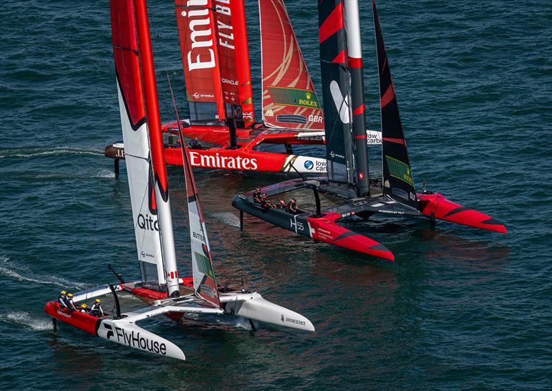 Canada NorthStar SailGP Team helmed by Giles Scott leads Switzerland SailGP Team helmed by Sebastien Schneiter and Emirates Great Britain SailGP Team helmed by Dylan Fletcher during a practice session ahead of the DP World Spain Sail Grand Prix - photo © Samo Vidic for SailGP