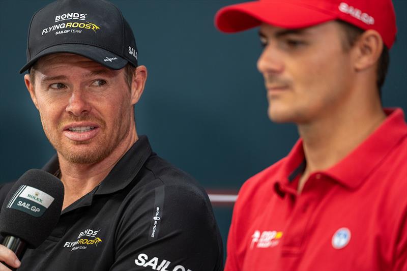 Diego Botin, driver of Spain SailGP Team and Tom Slingsby, driver of BONDS Flying Roos SailGP Team speak to members of the media prior to the pre-event press conference ahead of the DP World Spain Sail Grand Prix - photo © Jason Ludlow for SailGP