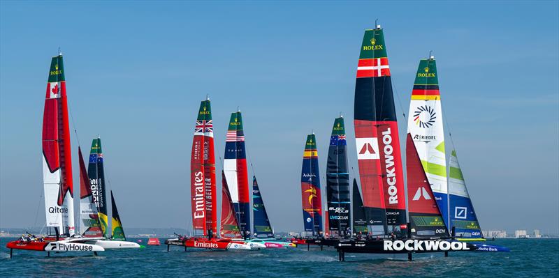 The SailGP fleet med by Germany SailGP Team presented by Deutsche Bank and ROCKWOOL Denmark SailGP Team on Race Day 1 of the DP World Spain Sail Grand Prix photo copyright Ricardo Pinto for SailGP taken at  and featuring the F50 class