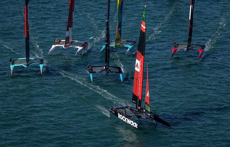 ROCKWOOL Denmark SailGP Team helmed by Nicolai Sehested leads the fleet on Race Day 1 of the DP World Spain Sail Grand Prix photo copyright Felix Diemer for SailGP taken at  and featuring the F50 class