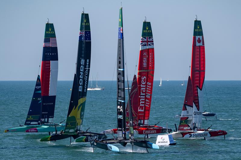 New Zealand SailGP Team lead the fleet ahead of BONDS Flying Roos SailGP Team, Canada NorthStar SailGP Team, Emirates Great Britain SailGP Team and USA SailGP Team on Race Day 1 of the DP World Spain Sail Grand Prix held in Cadiz, Spain - photo © Jason Ludlow for SailGP