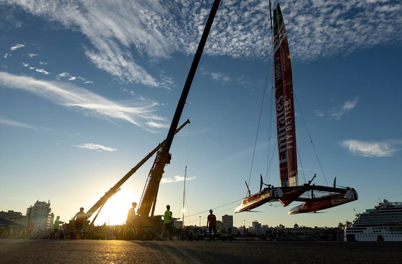 The Emirates Great Britain SailGP Team F50 catamaran is craned in the technical area on Race Day 1 of the DP World Spain Sail Grand Prix - photo © Samo Vidic for SailGP