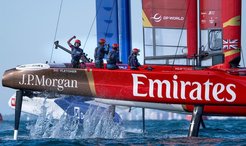 Dylan Fletcher, driver of Emirates Great Britain SailGP Team celebrates as Emirates Great Britain SailGP Team cross the finish line on Race Day 2 - DP World Spain Sail Grand Prix - photo © Ricardo Pinto for SailGP