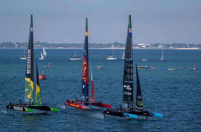 New Zealand SailGP Team helmed by Peter Burling leads Spain SailGP Team helmed by Diego Botin and BONDS Flying Roos SailGP Team helmed by Tom Slingsby in action on Race Day 2 of the DP World Spain Sail Grand Prix held in Cadiz, Spain Sunday 5 October - photo © Jason Ludlow for SailGP