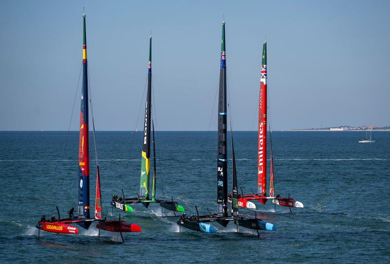 Spain SailGP Team leads New Zealand SailGP, Team Emirates Great Britain SailGP Team and BONDS Flying Roos SailGP Team in action on Race Day 2 of the DP World Spain Sail Grand Prix held in Cadiz - photo © Jason Ludlow for SailGP