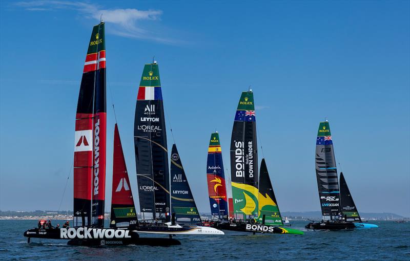 New Zealand SailGP Team leads BONDS Flying Roos SailGP Team, Spain SailGP Team, France SailGP Team and ROCKWOOL Denmark SailGP Team on Race Day 2 of the DP World Spain Sail Grand Prix held in Cadiz - photo © Felix Diemer for SailGP