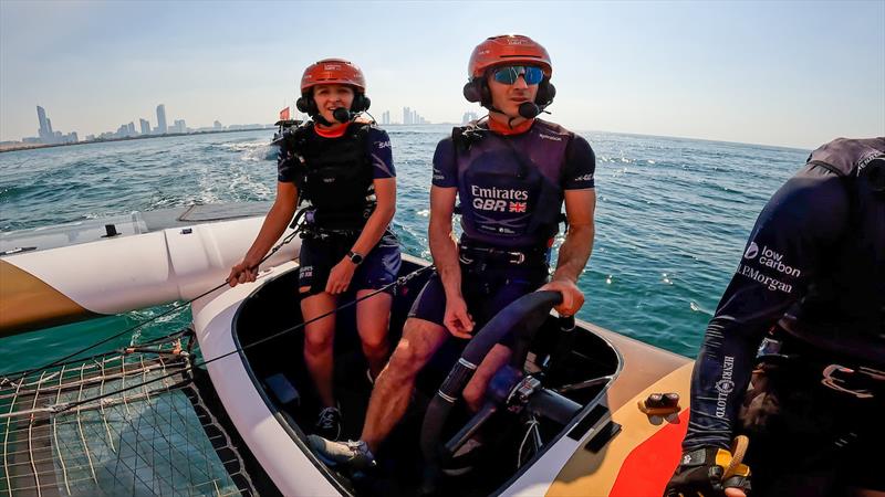 Lancashire Cricket's Kate Cross on the F50 race boat with Emirates GBR Driver Dylan Fletcher - photo © Emirates GBR