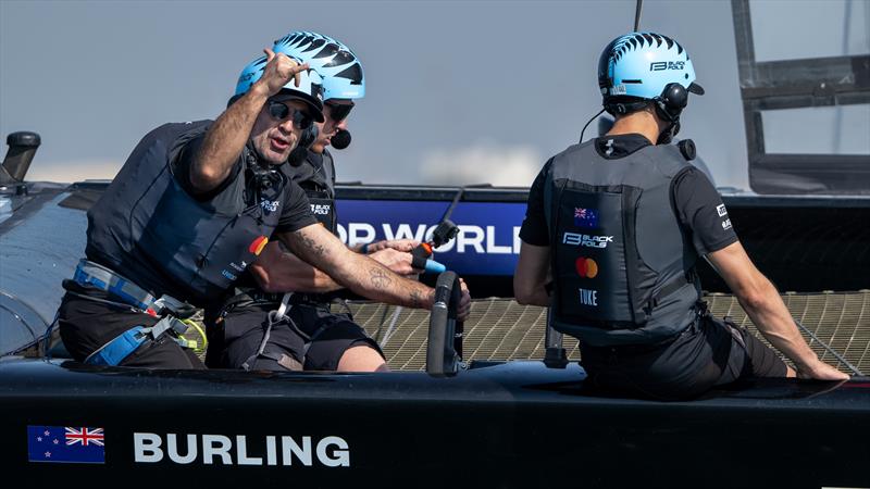 Peter Burling sailing with a blue plastic protective covering on his injured finger during Practice Racing on Friday - SailGP Grand Final - Abu Dhabi - November 28, 2025  - photo © Ricardo Pinto/SailGP