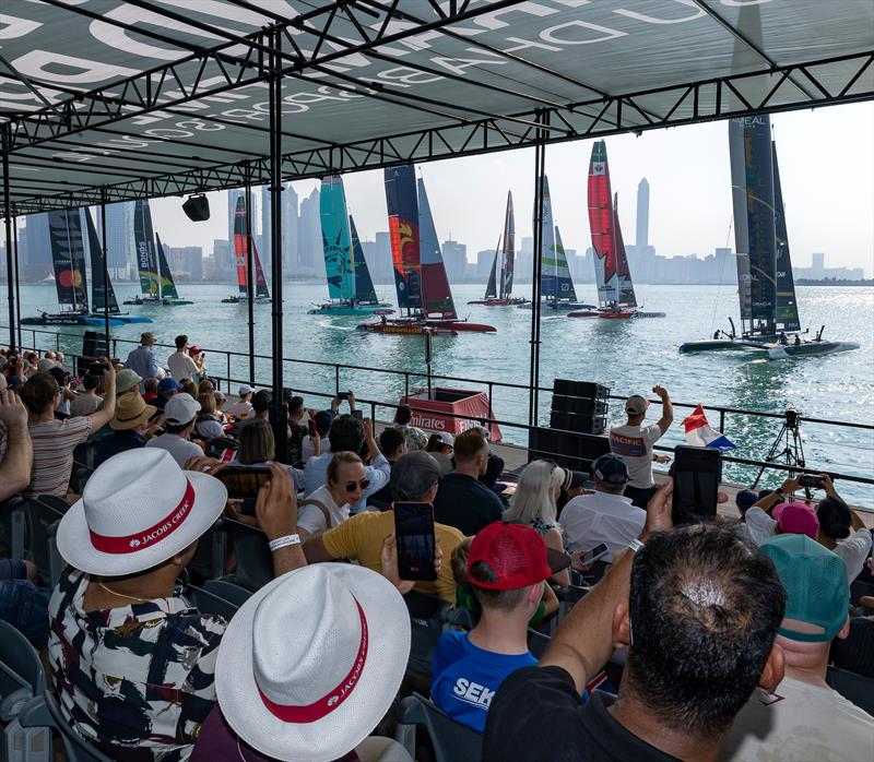  The F50 fleet pass the grandstand - Day 1 -  Mubadala Abu Dhabi Sail Grand Prix Season Grand Final - November 29, 2025 - photo © Christopher Pike/SailGP