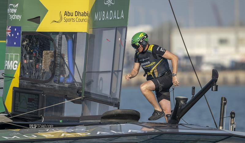 Tom Slingsby, driver of BONDS Flying Roos SailGP Team crosses the BONDS Flying Roos SailGP F50 catamaran on Race Day 1 of the Mubadala Abu Dhabi Sail Grand Prix Season Grand Final presented by Abu Dhabi Sports Council held in Abu Dhabi, UAE photo copyright Ricardo Pinto for SailGP taken at  and featuring the F50 class