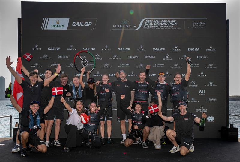 Rockwool Demark celebrate their Event win -  Race Day 2 of the Mubadala Abu Dhabi Sail Grand Prix Season Grand Final - November 30, 2025 photo copyright Andrew Baker/SailGP taken at Abu Dhabi Sailing & Yacht Club and featuring the F50 class