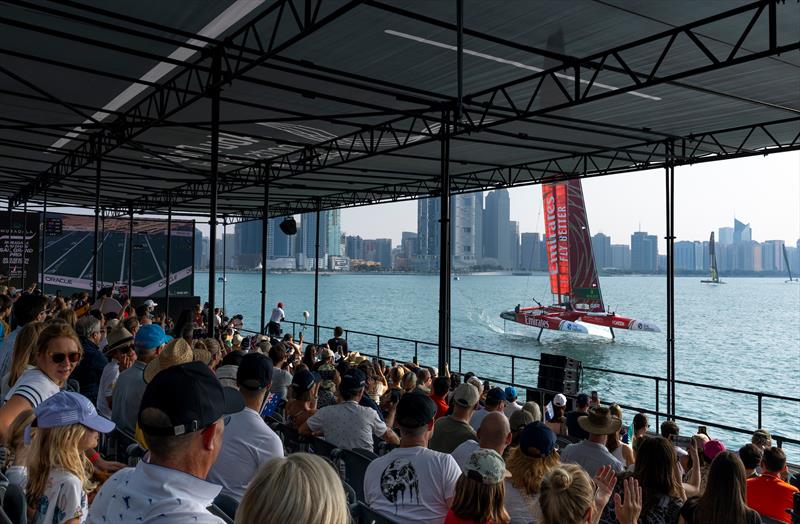 Emirates Great Britain SailGP Team helmed by Dylan Fletcher sails by the grandstand, on Race Day 2 of the Mubadala Abu Dhabi Sail Grand Prix Season Grand Final presented by Abu Dhabi Sports Council - photo © Christopher Pike for SailGP