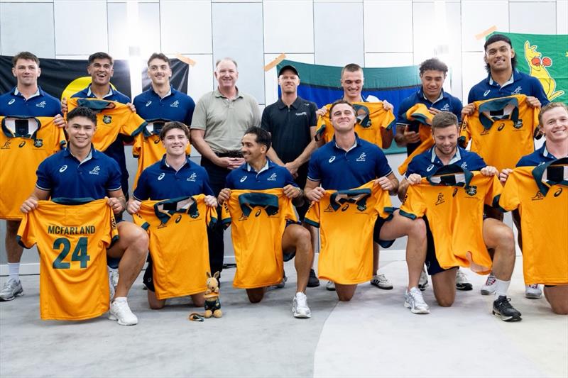 The Australian Sevens team who recently competed in the Dubai Sevens, swap shirts with the Artemis racing team - UAE - November 2025 - photo © Artemis Racing