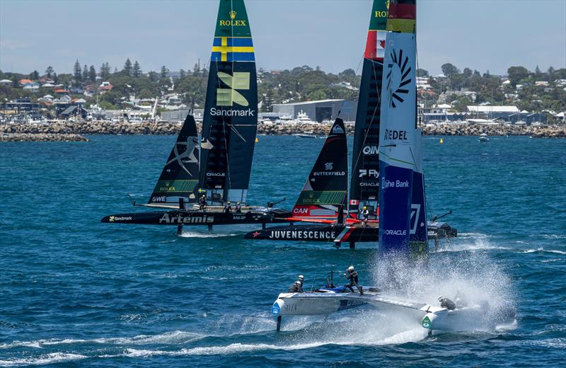 Germany SailGP Team presented by Deutsche Bank race behind NORTHSTAR SailGP Team and Artemis SailGP Team during a practice session ahead of the Oracle Perth Sail Grand Prix presented by KPMG in Perth, Australia - photo © Samo Vidic for SailGP