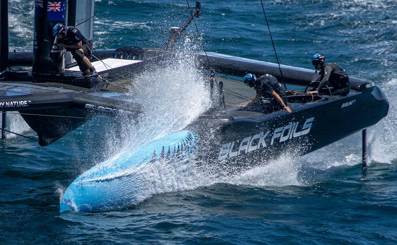 Black Foils SailGP Team helmed by Peter Burling crashes into the water during a practice session ahead of the Oracle Perth Sail Grand Prix presented by KPMG in Perth, Australia - photo © Samo Vidic for SailGP