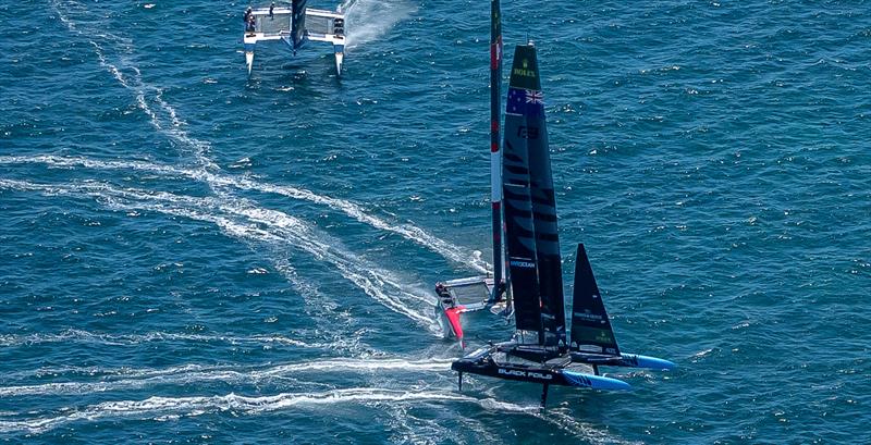 F50 wakes ahead of the imminent collision between New Zealand and Switzerland - Oracle Perth Sail Grand Prix - Event 1, Day 1, Season 6 - January 17, 2026  - photo © Jason Ludlow/SailGP