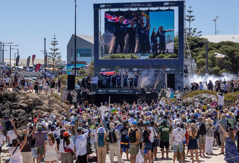 Emirates Great Britain SailGP Team helmed by Dylan Fletcher on stage during the trophy presentation after winning the event final on Race Day 2 of the Oracle Perth Sail Grand Prix presented by KPMG in Perth, Australia - photo © Brett Phibbs for SailGP