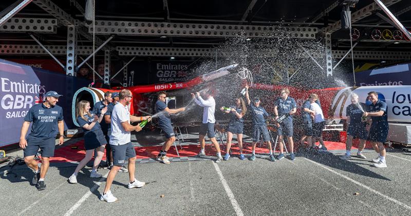 Emirates Great Britain SailGP Team celebrate in the technical area with Champagne Telmont after winning the event - Oracle Perth Sail Grand Prix - photo © Ricardo Pinto for SailGP