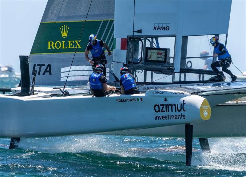 Red Bull Italy SailGP Team helmed by Phil Robertson, Jana Germani (strategist), Kyle Langford (wing trimmer), Andrea Tesei (flight controller) in action on Race Day 2 of the Oracle Perth Sail Grand Prix - photo © SailGP / Red Bull Content Pool