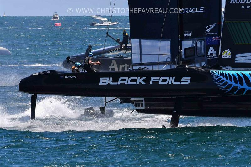 Black Foils stern damage, Race 1, Race Day 1 - Oracle Perth Sail Grand Prix. January 17, 2026  - photo © Christophe Favreau/SailGP