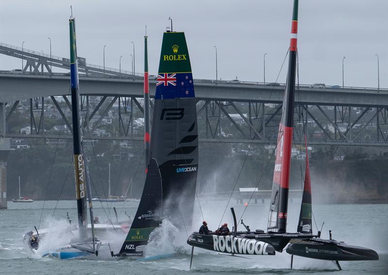 Black Foils SailGP Team helmed by Peter Burling and DS Automobiles SailGP Team France helmed by Quentin Delapierre collide during racing on Race Day 1 of the ITM New Zealand Sail Grand Prix in Auckland, New Zealand photo copyright Andrew Baker for SailGP taken at  and featuring the F50 class