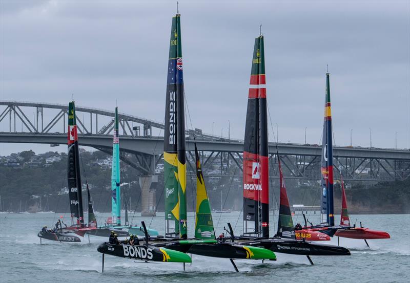 BONDS Flying Roos SailGP Team helmed by Tom Slingsby ahead of ROCKWOOL Racing SailGP Team during racing on Race Day 1 of the ITM New Zealand Sail Grand Prix in Auckland, New Zealand - photo © Andrew Baker for SailGP