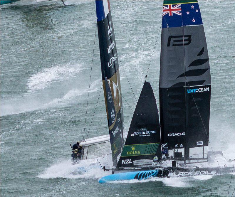 DS Automobiles SailGP Team France collision with Black Foils SailGP Team during racing on Race Day 1 of the ITM New Zealand Sail Grand Prix in Auckland, New Zealand - photo © Simon Bruty for SailGP