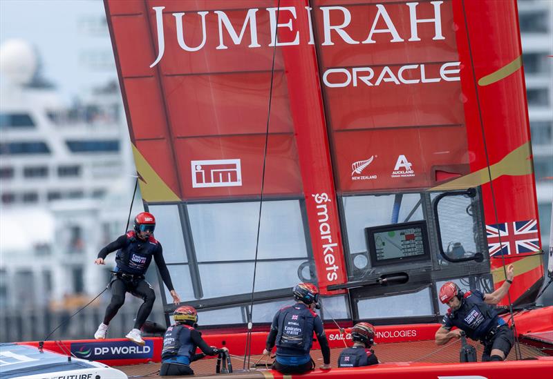Dylan Fletcher, driver of Emirates Great Britain SailGP Team, crosses the boat during a manoeuvre on Race Day 2 of the ITM New Zealand Sail Grand Prix in Auckland, New Zealand - photo © Simon Bruty for SailGP