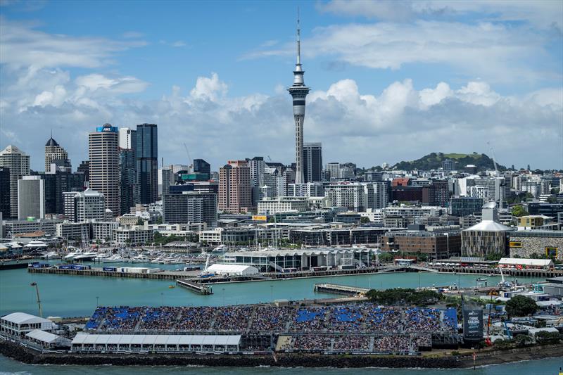 The Waterfront Grandstand with the Auckland skyline, on Race Day 2 of the ITM New Zealand Sail Grand Prix in Auckland, New Zealand - photo © James Gourley for SailGP