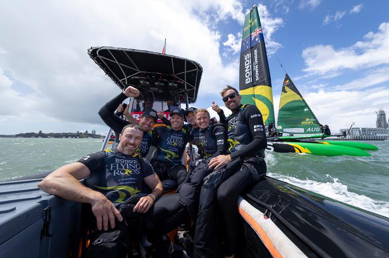(L-R) Kinley Fowler, Tom Slingsby, Sam Newton, Glenn Ashby, Tash Bryantand Jason Waterhouse of BONDS Flying Roos SailGP Team celebrate onboard the chief marshal boat following winning the event on Race Day 2 of the ITM New Zealand Sail Grand Prix - photo © Felix Diemer for SailGP