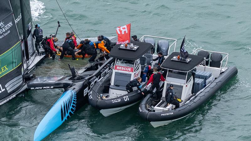 Louis Sinclair is lifted across to the Rescue RIB - Day 1 of ITM NZ SailGP - Auckland - February 14, 2026 - photo © Simon Bruty/SailGP