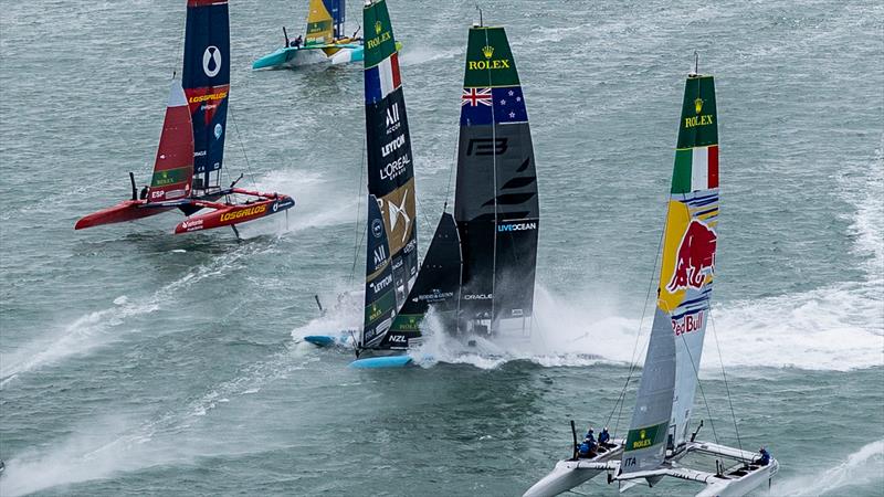 Black Foils (NZL) and DS Automobiles (FRA) collide - Day 1 of ITM NZ SailGP - Auckland - February 14, 2026 - photo © Simon Bruty/SailGP