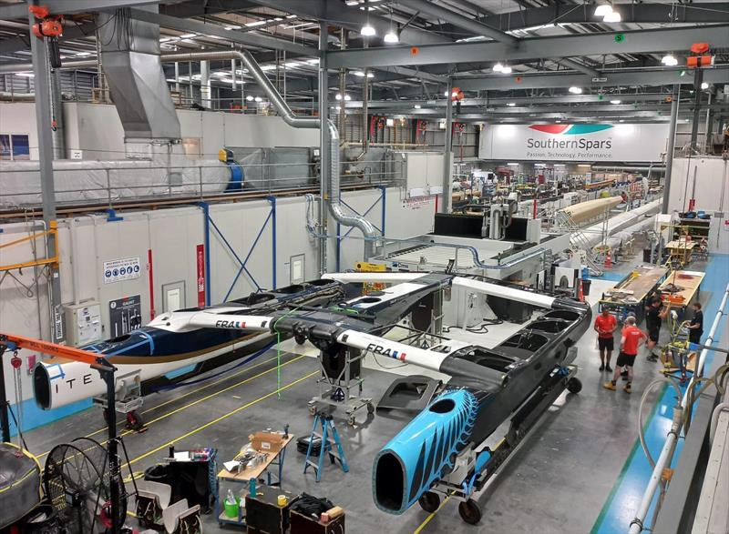 The French starboard hull is joined with the Black Foils' port hull - Southern Spars - February 18, 2026 photo copyright Southern Spars taken at Royal New Zealand Yacht Squadron and featuring the F50 class