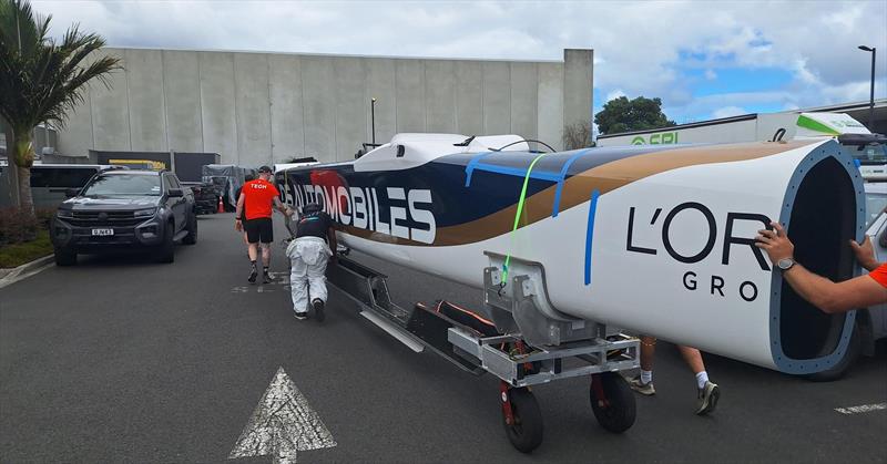 KS Automobiles (FRA) starboard hull arrives at Southern Spars - February 18, 2026 - photo © Southern Spars